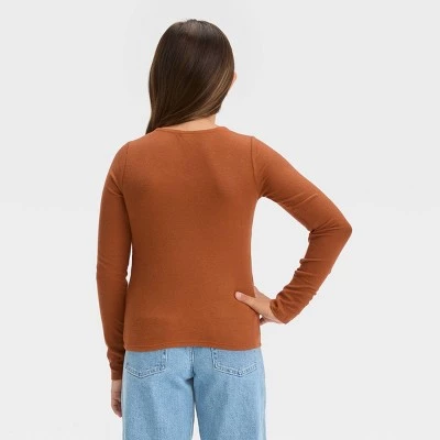 Girls' Long Sleeve Tie-Front Knit T-Shirt - art class™ Copper Brown 3 Girls' Long Sleeve Tie-Front Knit T-Shirt - art class™ Copper Brown