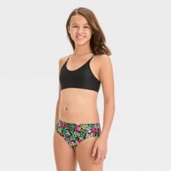 Girls' Floral Printed Rash Guard Set - art class⢠Black