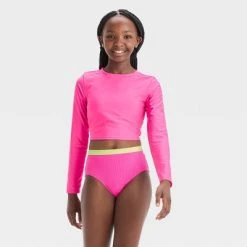 Girls' 3pc Ribbed Colorblock Cropped Rash Guard Swimwear Set - art class™ Pink -Art Class shop GUEST 1e10b3bb a895 4043 a523 8d10506f44a9 3