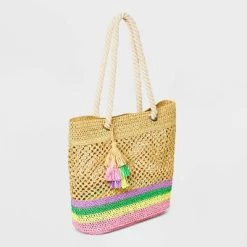 Girls' Paper Striped Straw Tote Bag - art class™ Beige