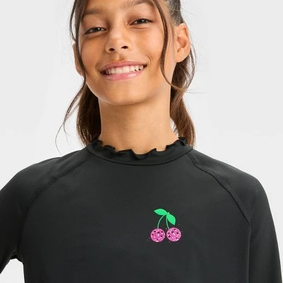 Girls' Cherries Printed Rash Guard Swim Top - art class™ Black 3 Girls' Cherries Printed Rash Guard Swim Top - art class™ Black