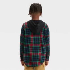 Boys' Flannel Plaid Hooded Long Sleeve Button-Down Shirt - art class™ Multicolor