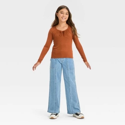 Girls' Long Sleeve Tie-Front Knit T-Shirt - art class™ Copper Brown 4 Girls' Long Sleeve Tie-Front Knit T-Shirt - art class™ Copper Brown - Image 2