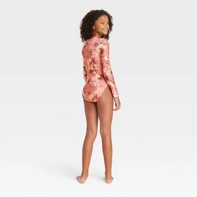 Girls' Island Floral One Piece Rash Guard - art class™ Brown 3 Girls' Island Floral One Piece Rash Guard - art class™ Brown