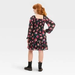 Girls' Long Sleeve Smocked Bodice Dress - art class™ Pink/black