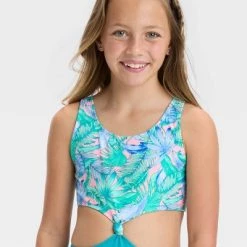 Girls' Floral Printed Tropical Twist Swimsuit - art class⢠Light Blue