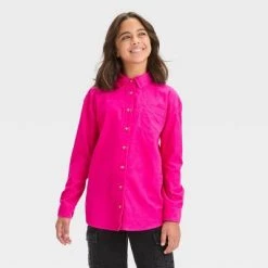 Girls' Long Sleeve Oversized Corduroy Layering Shirt - art class™ Dark Pink