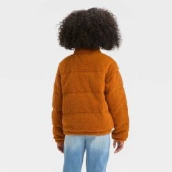 Girls' Solid Fleece Cropped Puffer Jacket - art class™ Rust