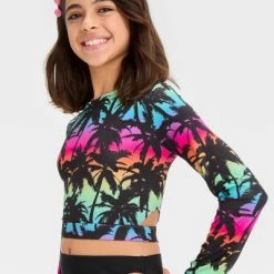 Girls' Tropical Ombre Design Rash Guard Swim Top - art class™ Black