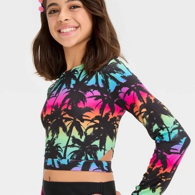 Girls' Tropical Ombre Design Rash Guard Swim Top - art class™ Black 3 Girls' Tropical Ombre Design Rash Guard Swim Top - art class™ Black