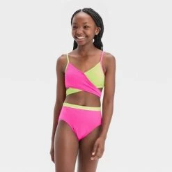 Girls' 3pc Ribbed Colorblock Cropped Rash Guard Swimwear Set - art class™ Pink