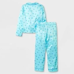 Girls' 2pc Satin Long Sleeve Button Up Pajama Set - art class™ Aqua Blue