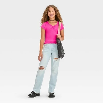 Girls' Short Sleeve Seamless Cinch Front Cropped Top - art class™ Yellow 4 Girls' Short Sleeve Seamless Cinch Front Cropped Top - art class™ Yellow - Image 2