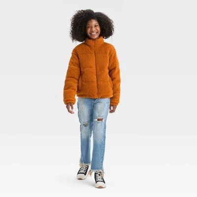 Girls' Solid Fleece Cropped Puffer Jacket - art class™ Rust 4 Girls' Solid Fleece Cropped Puffer Jacket - art class™ Rust - Image 2