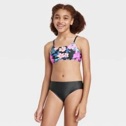 Girls' 3pc Western Blooms Swimwear Set - art class™ Black