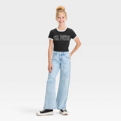 Girls' Mid-Rise Wide Leg Jeans - art class™ Light Wash 4 Girls' Mid-Rise Wide Leg Jeans - art class™ Light Wash - Image 2