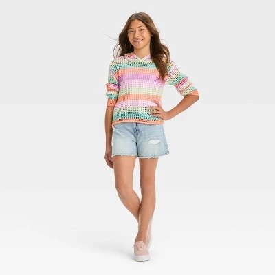 Girls' Destructed High-Rise Jean Shorts - art class™ Medium Wash 4 Girls' Destructed High-Rise Jean Shorts - art class™ Medium Wash - Image 2