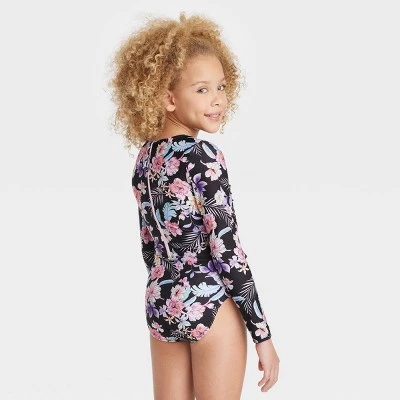 Girls' Floral Printed Tropical Daydream Swimsuit - art class™ Black 4 Girls' Floral Printed Tropical Daydream Swimsuit - art class™ Black - Image 2