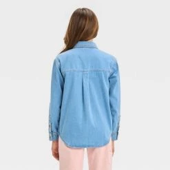 Girls' Long Sleeve Button-Down Denim Shirt - art class™ Light Indigo Blue